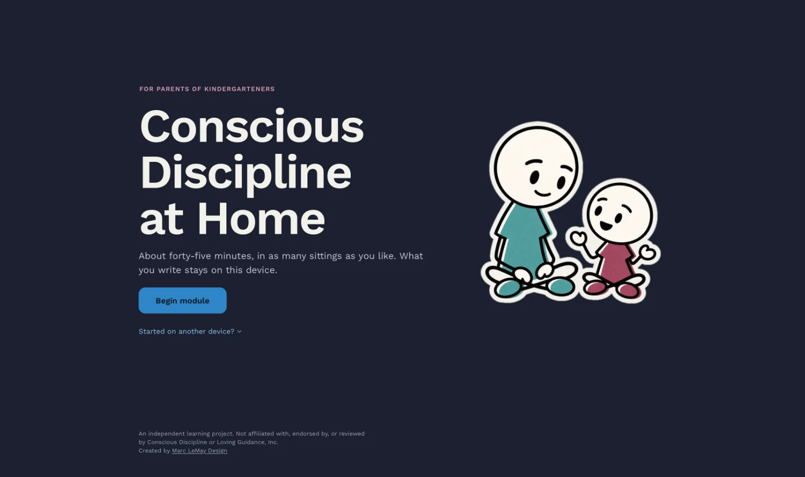 Try the beta: the module’s title screen, Conscious Discipline at Home, with the parent and Maya sitting together.