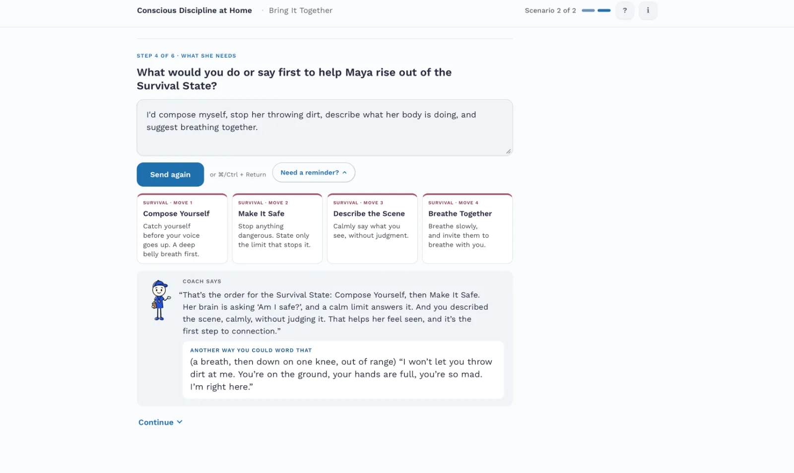 Bring It Together: the parent’s typed answer, the four Survival moves, and the Coach’s reply.