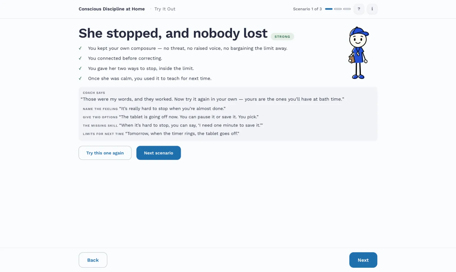 A Strong result: “She stopped, and nobody lost,” with each move the parent made ticked.