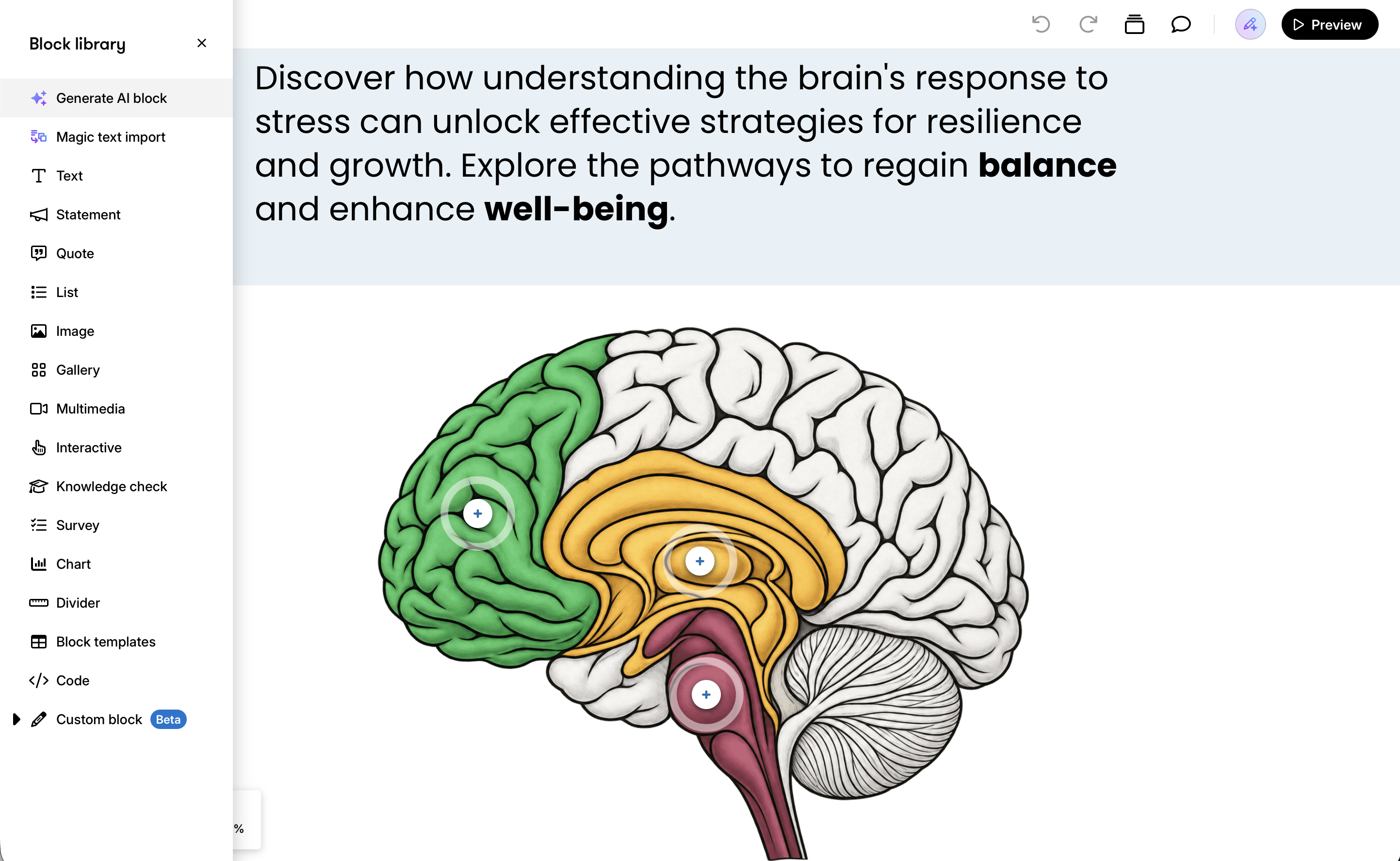The Rise 360 editor with the block library open beside a labeled brain graphic
