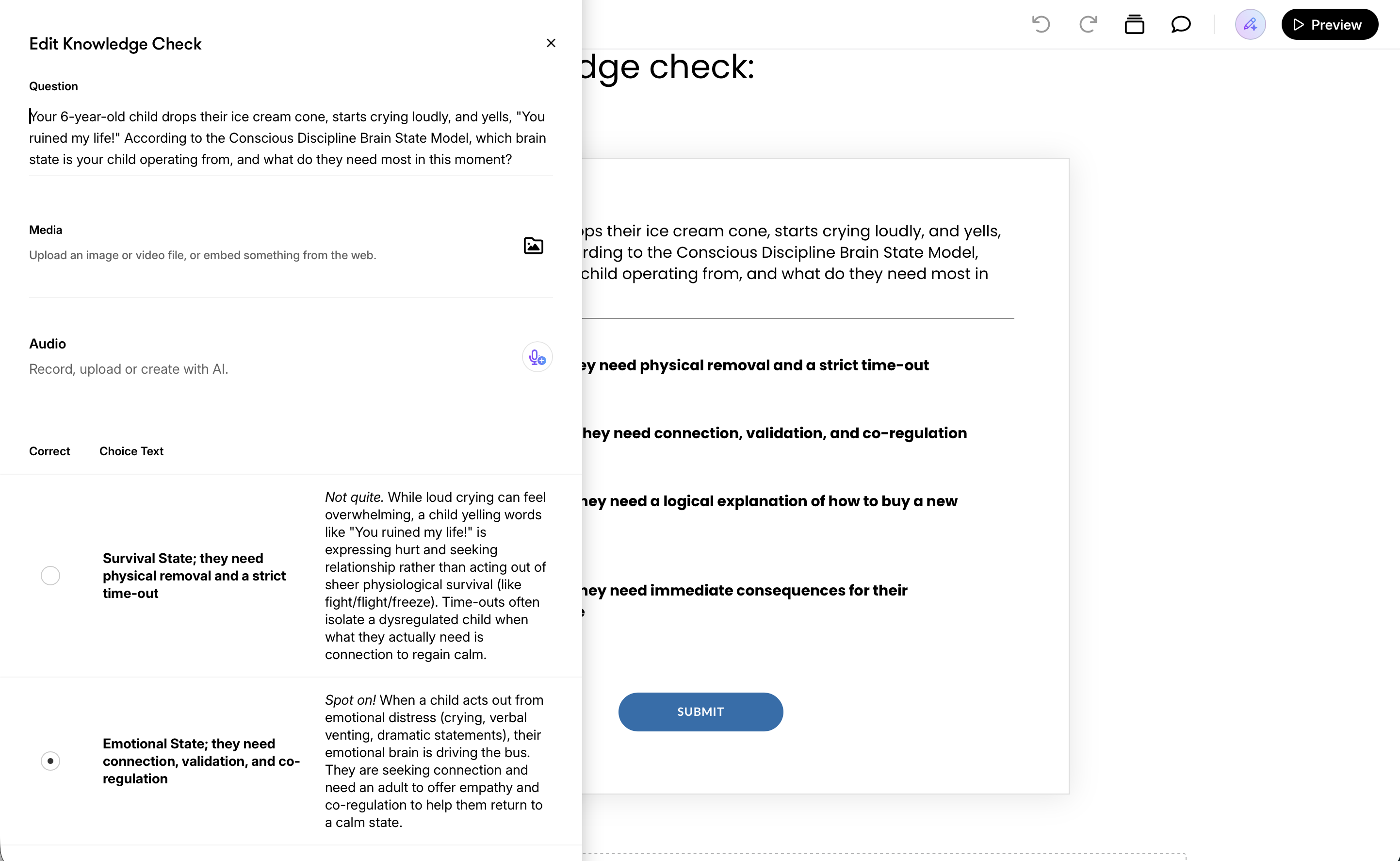 The Rise 360 knowledge check editor, with feedback written for each answer choice