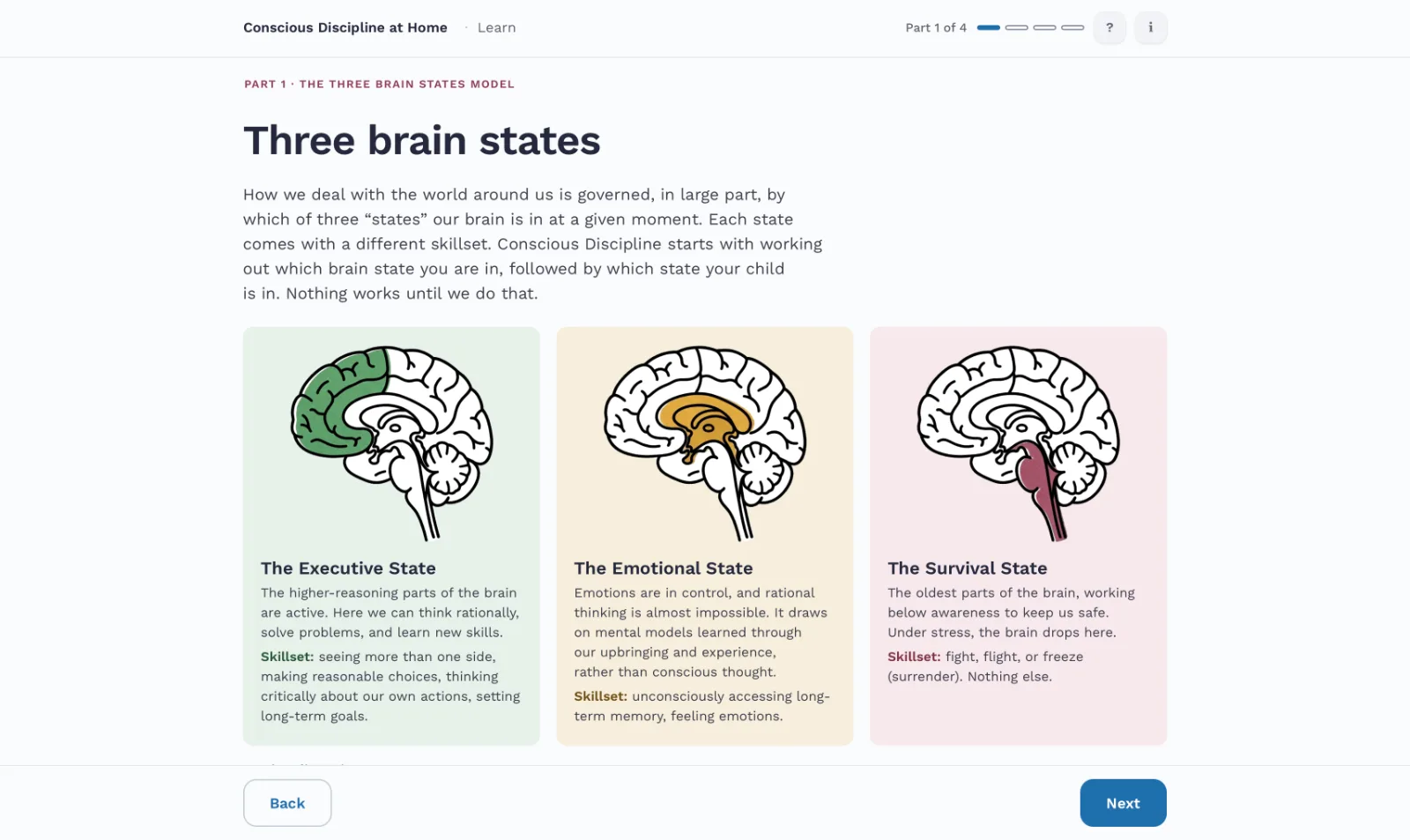 Learn: three brain states, each in a tinted card with its brain illustration.