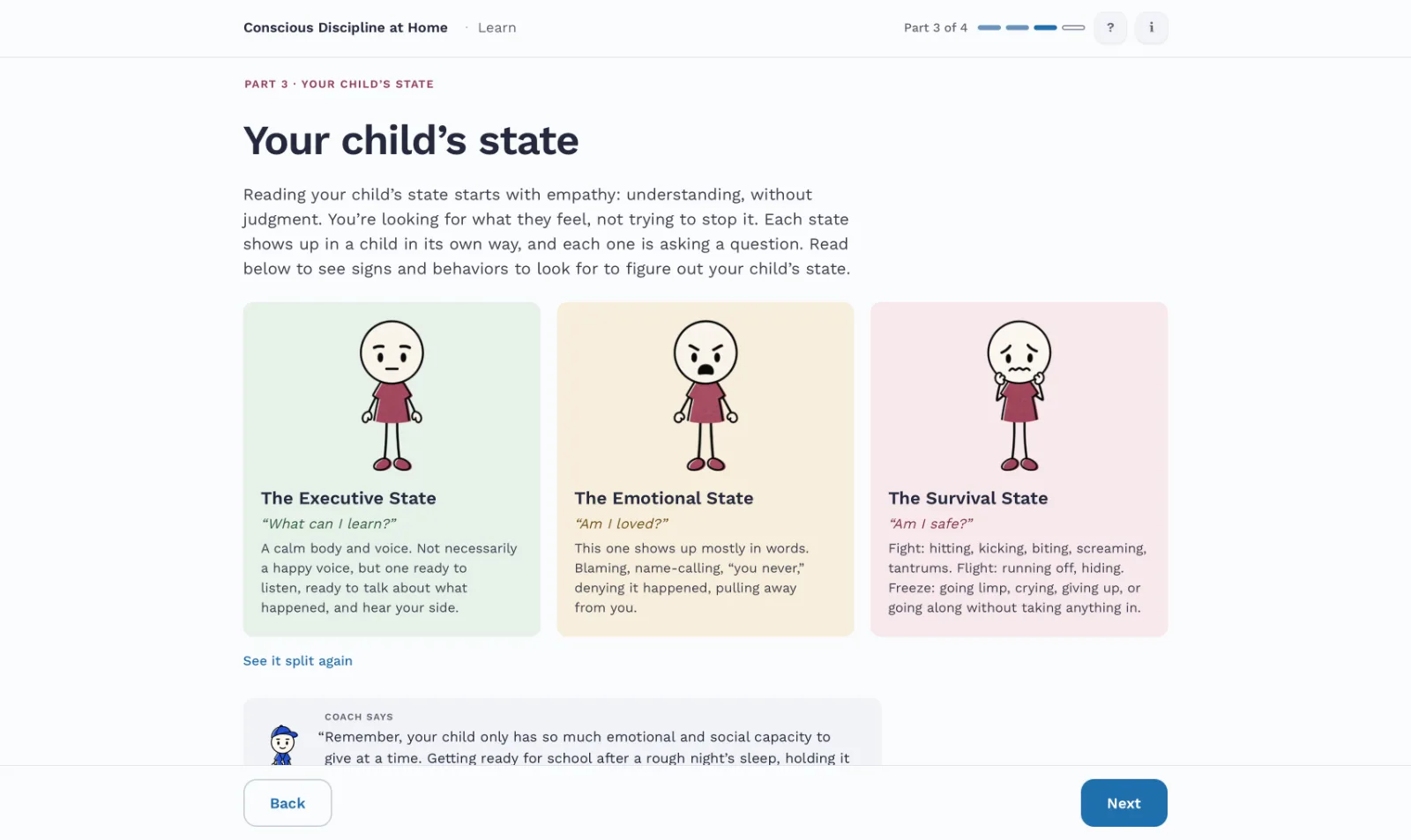 Learn, Part 3: your child’s state, with Maya’s pose and the question each state asks.