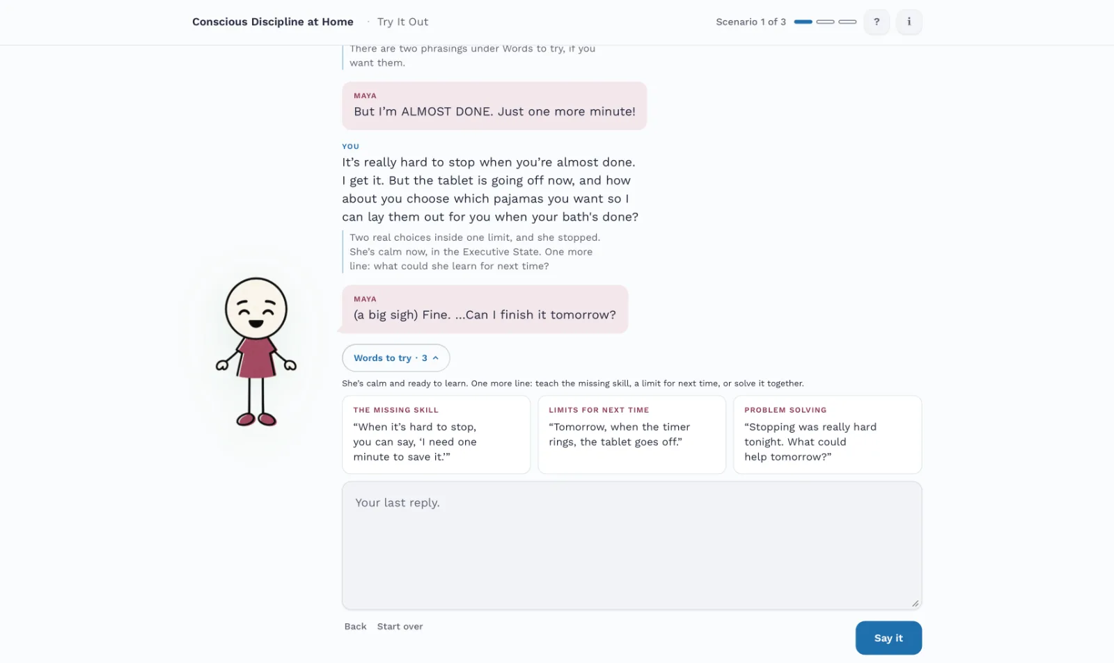 Try It Out: Maya calms as the parent names her feeling and gives two options.
