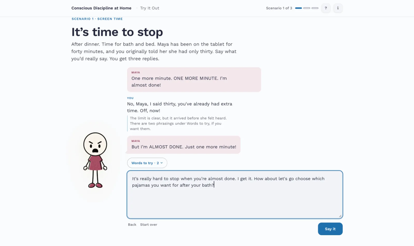 Try It Out: a typed conversation with Maya, who answers what the parent says.