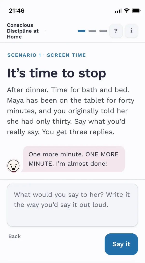 Try It Out on a phone: the conversation becomes a text chat, with Maya’s face on each bubble.