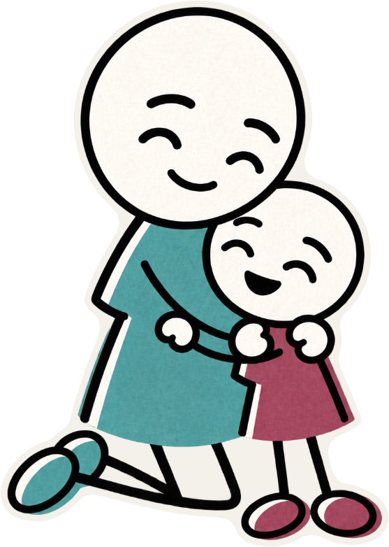 A parent kneels and hugs their child. Both are smiling with their eyes closed.