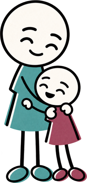 A parent and child, standing, in a hug.