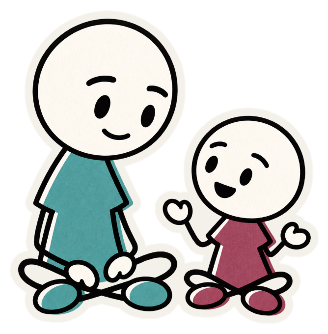 A parent and child sitting cross-legged on the floor. The child is telling a story with both hands up; the parent is smiling and listening.